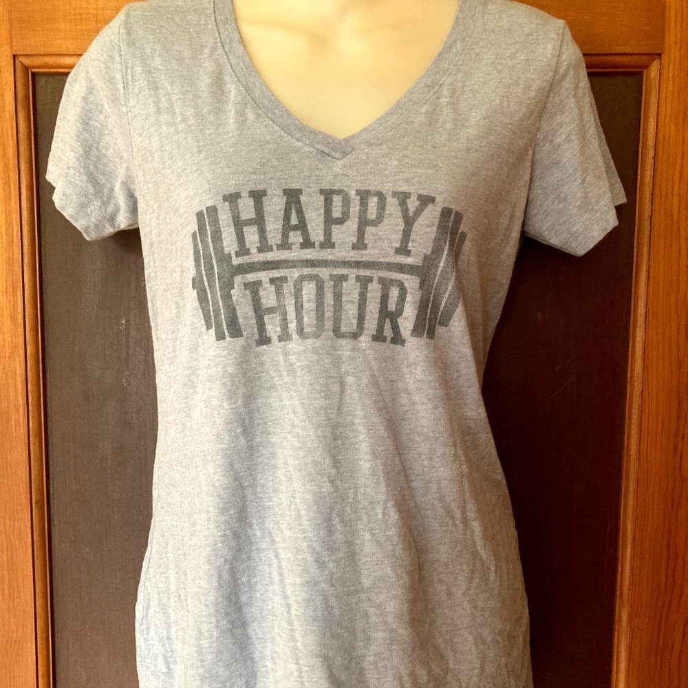 BODY RAGS Women's SSl Slim Fit V-Neck "HAPPY HOUR" Weightlifting Shirt ~ Sz M